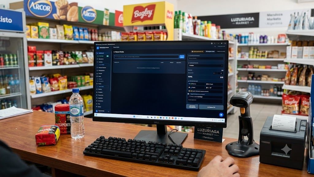 Software para taller de celulares y comercio sistemastock funcionando en el mostrador de un minimarket